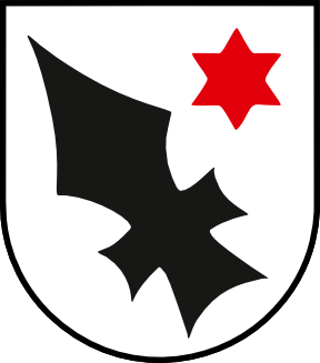 Coat of arms: white shield featuring a black abstract emblem and a red six-pointed star in the upper right corner.