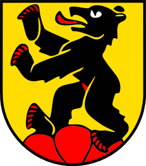 Heraldic shield showing a black rampant bear standing on red rocks against a yellow field.