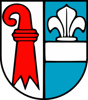 Coat of arms, shield divided vertically: left white with a red curved hook and ribbon; right blue with a white fleur‑de‑lis above a white band.