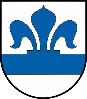Heraldic shield featuring three blue fleur-de-lis on white with a blue horizontal band across the middle.